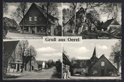 AK Oerel, Gemischtwaren Herbert Wewior, Bauernhaus, Kirche, Dorfpartie