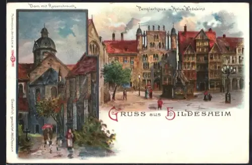Lithographie Hildesheim, Dom mit Rosenstrauch, Templerhaus, Haus Wedekind