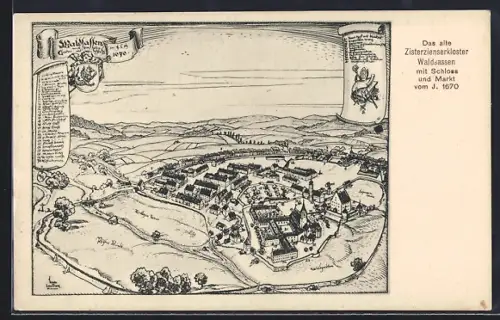 Künstler-AK Waldsassen, Zisterzienserkloster, Schloss und Markt nach einer Ansicht von 1670