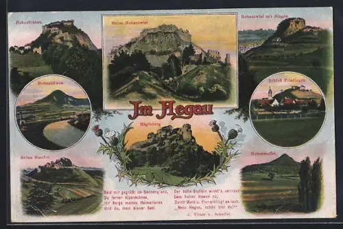 AK Singen / Hegau, Hohentwiel, Hohenkrähen, Ruine Staufen, Schloss Friedingen, Mägdeberg