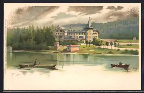 Lithographie Titisee, Seehotel, Ruderboote