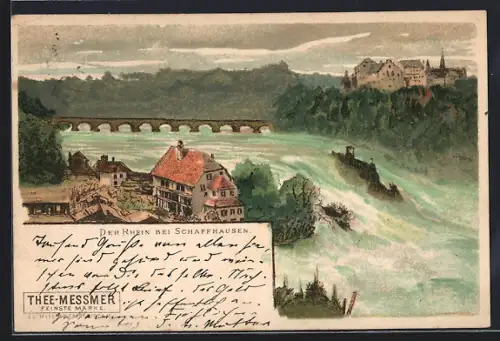 Lithographie Schaffhausen, Rheinfall, Brücke, Schloss