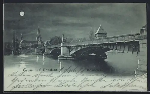 Mondschein-AK Konstanz, Rheinbrücke