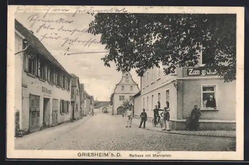 AK Griesheim b. D., Rathaus mit Marktplatz, Gasthaus Zum grünen Baum