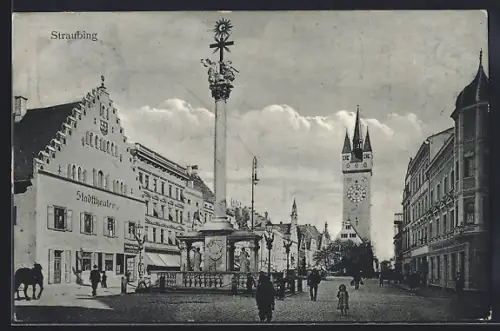 AK Straubing, Stadtplatz mit Stadtturm und Stadttheater