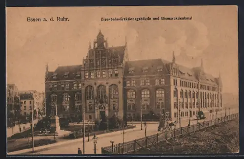AK Essen a. d. Ruhr, Eisenbahndirektionsgebäude und Bismarckdenkmal