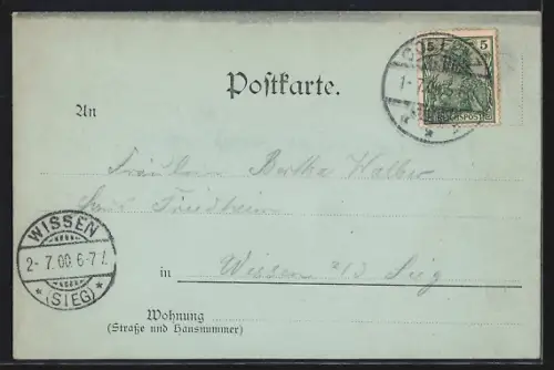 Mondschein-AK Koblenz-Ehrenbreitstein, Festung Ehrenbreitstein, Reklame für den Gasthof Rheingold, Besitzer J. Trachten