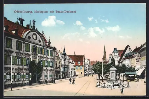 AK Offenburg, Marktplatz, Drake-Denkmal