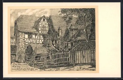 Künstler-AK Schorndorf / Remstal, Urbanstrasse, Fachwerkhäuser