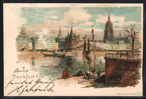 Lithographie Alt-Frankfurt, Mainufer, Brücke, Dom