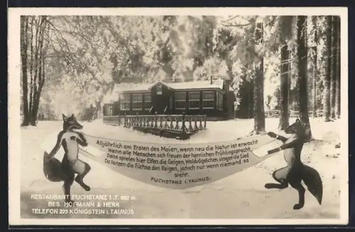 AK Königstein i. Taunus, Restaurant Fuchstanz, Bes. Hofmann & Herr, Winterlandschaft, Gedicht