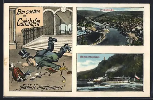 AK Carlshafen, Totalansicht, Hugenottenturm, humoristische Ankunftsszene