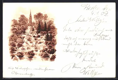 Lithographie Berlin-Kreuzberg, Wasserfall im Viktoriapark