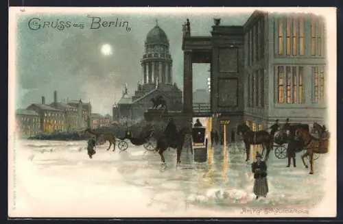 Lithographie Berlin, Königliches Schauspielhaus, Deutscher Dom, Kutschen bei Nacht, Gendarmenmarkt