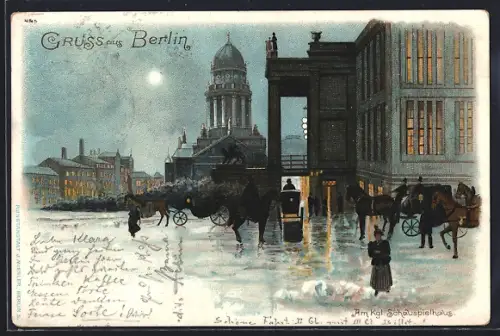 Lithographie Berlin, Am Königlichen Schauspielhaus, Deutscher Dom, Winterabend mit Kutschen