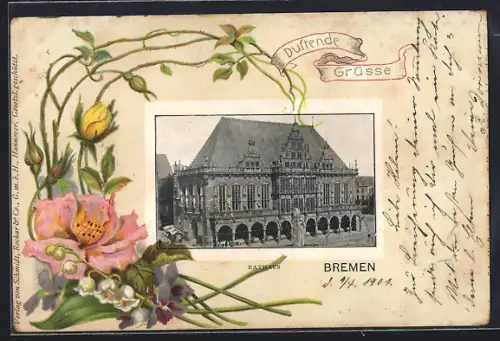AK Bremen, Rathaus, Blumen-Passepartout