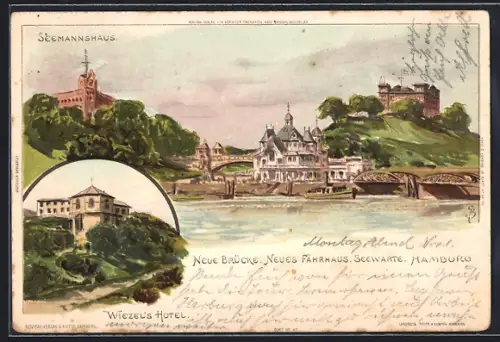 Lithographie Hamburg, Wiezel`s Hotel, Neues Fährhaus, Seemannshaus