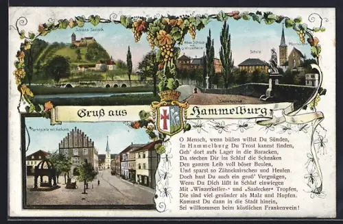 AK Hammelburg, Schloss Saaleck, Marktplatz mit Rathaus, Schule