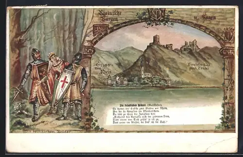 Künstler-AK Bornhofen, Rheinansicht mit Burg, Die feindlichen Brüder
