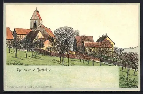 Künstler-AK Rötteln, Ortsansicht mit Kirche und Bauernhäusern