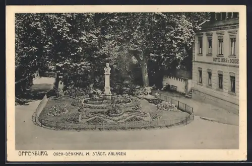 AK Offenburg, Oken-Denkmal, städtische Anlagen, Hotel Ries & Ochse