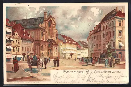 Künstler-AK Bamberg, Grüner Markt, Strassenszene