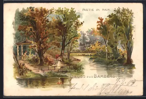 Lithographie Bamberg, Partie im Hain