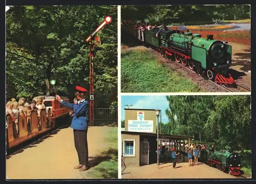 AK Dresden, Pioniereisenbahn, Bahnhof Frohe Zukunft am Fucikplatz im Grossen Garten