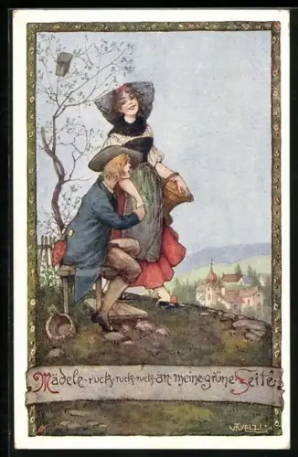 Künstler-AK T. Welzl: Mädele ruck, ruck, ruck an meine grüne Seite, Liebespaar