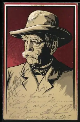 AK Bismarck, Portrait mit Hut in patriotischem Rahmen