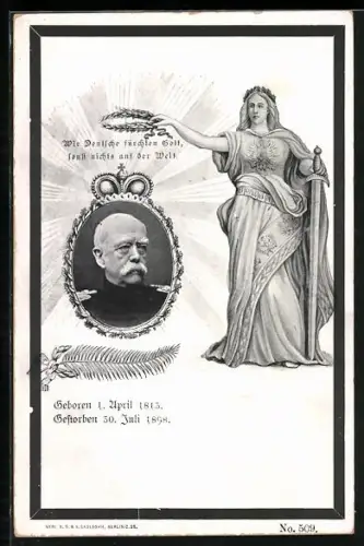 AK Wir Deutsche fürchten Gott..., Portrait Otto von Bismarck, Germania mit Kranz