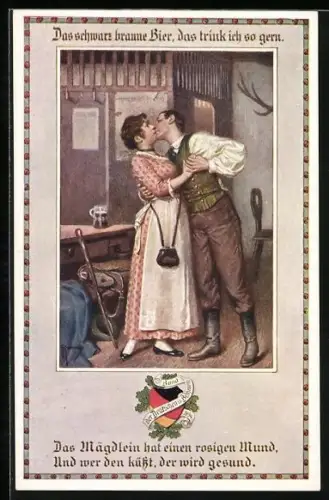 Künstler-AK Bund der Deutschen in Böhmen, Mann küsst leidenschaftlich das Mägdlein