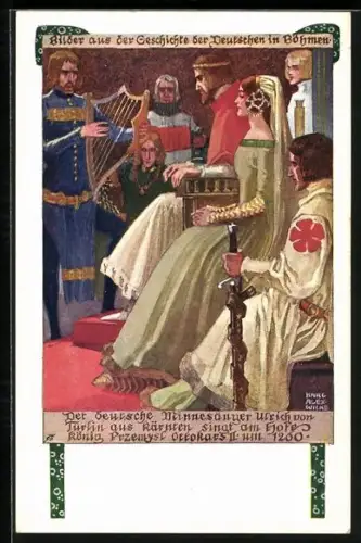 Künstler-AK Karl Alex Wilke: Der deutsche Minnesänger Ulrich von Turlin aus Kärnten singt...