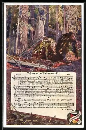Künstler-AK sign. Anton Reckziegel: Tief drunt im Böhmerwald, Text und Noten