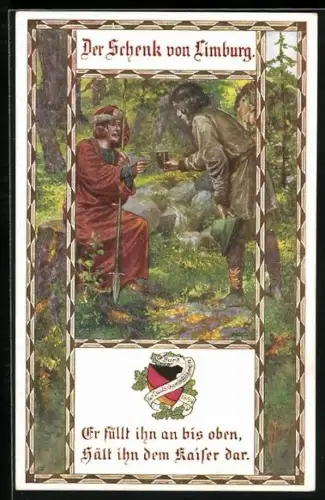 Künstler-AK Franz Kuderna: Der Schenk von Limburg, Er füllt ihn an bis oben...