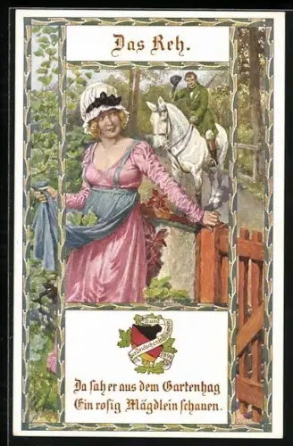 AK Das Reh, Reiter sieht im Garten eine junge Frau