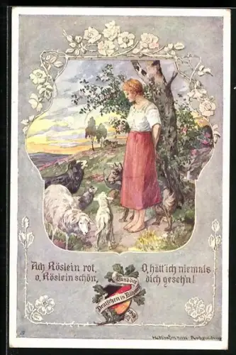 Künstler-AK Hans Kaufmann: Hirtenmädchen mit Hund und Schafen, Ach Röslein rot, o, Röslein schön...