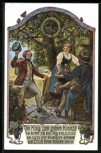 AK Gasthaus, Weintrauben, Lied Im Krug zum grünen Kranze...., Dame serviert Wein