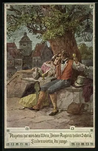 Künstler-AK Hans Kaufmann: Herr trinkt mit der Lindenwirtin Wein