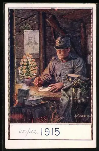 Künstler-AK Franz Kuderna: österr. Soldat begeht Weihnachten im Felde