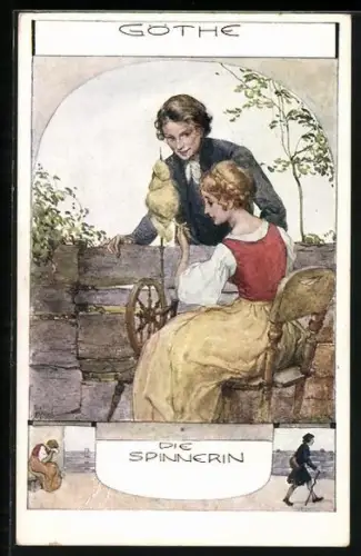 AK Goethe, Die Spinnerin, Frau am Spinnrad