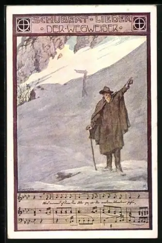 Künstler-AK Ernst Kutzer: Franz Schubert-Lieder, Der Wegweiser, Alter Mann reckt den Finger in die Höhe