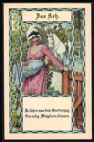 Künstler-AK Kuderna: Das Reh, Jäger zu Pferd flirtet mit Mädchen