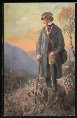Künstler-AK Georg Mühlberg: Serie: Studentenleben, Studenden schaut auf Mühle