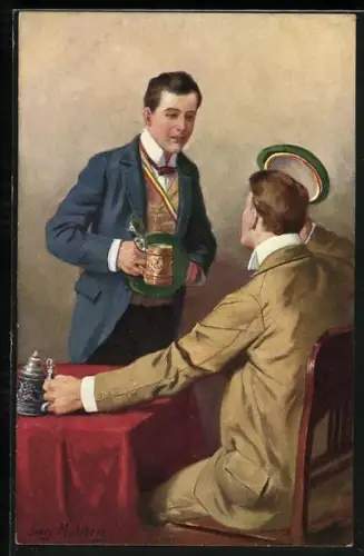 Künstler-AK Georg Mühlberg: Schmollis antragend, Studenten mit Bierkrug in der Hand