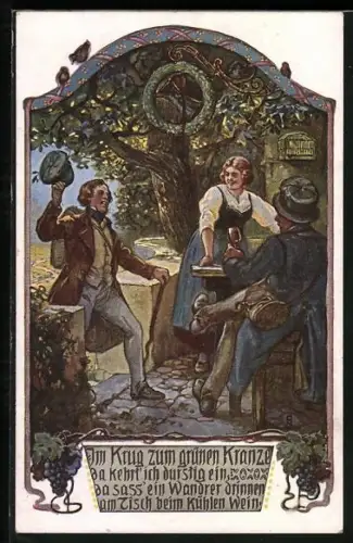 AK Gasthaus, Weintrauben, Lied Im Krug zum grünen Kranze...., Dame serviert Wein