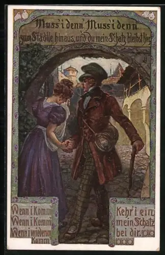 Künstler-AK Muss i denn zum Städtle hinaus, Wanderer beim Abschied