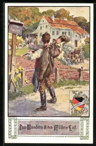 Künstler-AK Anton Marussig: Das Wandern ist des Müllers Lust, Wanderbursche an einer Wassermühle, Pferdegespann