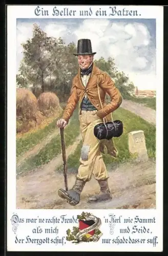 Künstler-AK Franz Kuderna: Ein Heller und ein Batzen, Wanderer zieht seines Weg`s