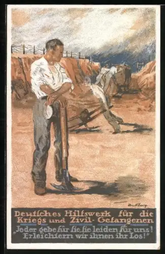 AK Deutsches Hilfswerk für die Kriegs - & Zivil - Gefangenen, Deutscher POW verrichtet Zwangsarbeit